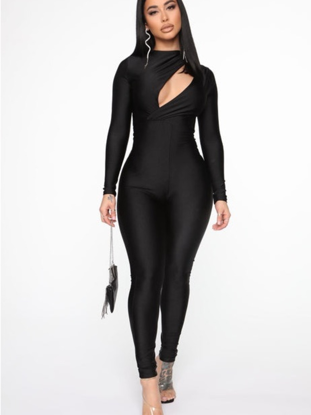 Fashion Nova Black Long-Sleeve Cutout Jumpsuit